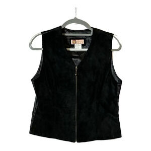 VTG Y2K 90s Faded Glory Black Country Western Leather Suede Zip Vest Size M